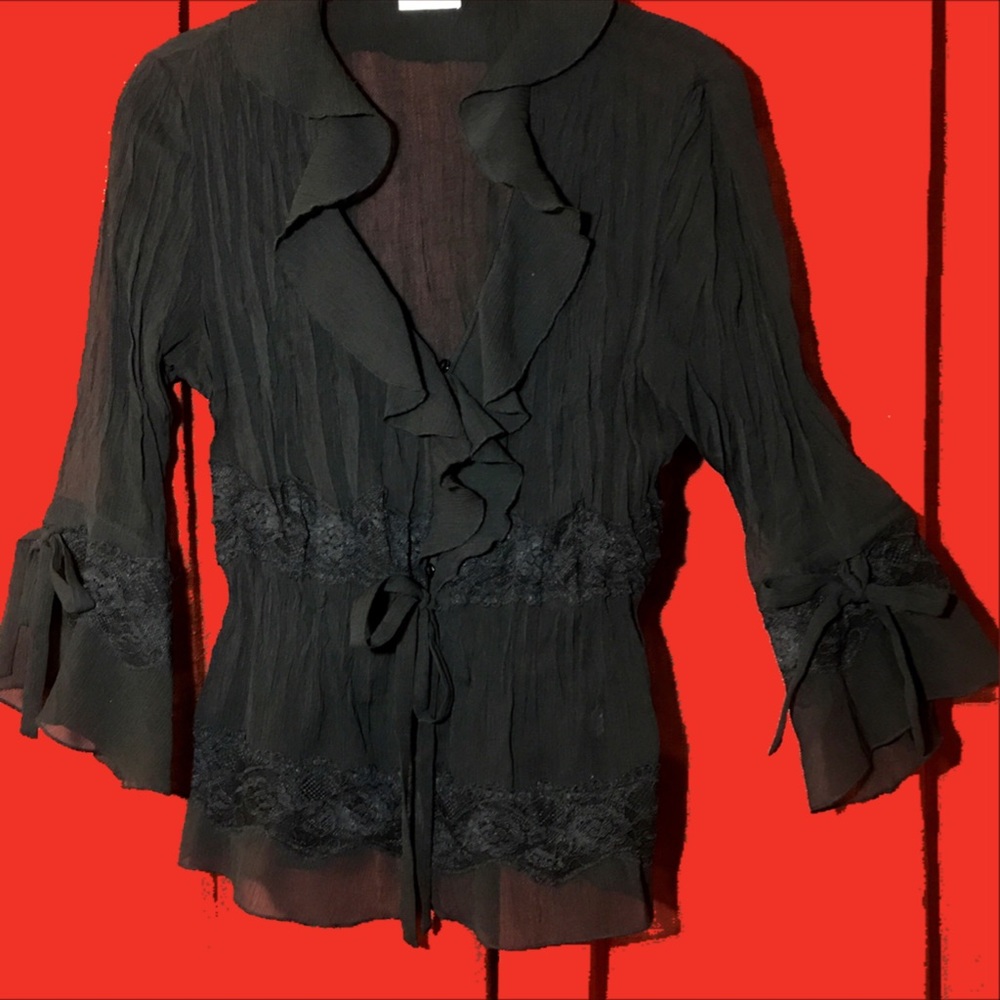 Black Crinkle Ruffled Blouse Small